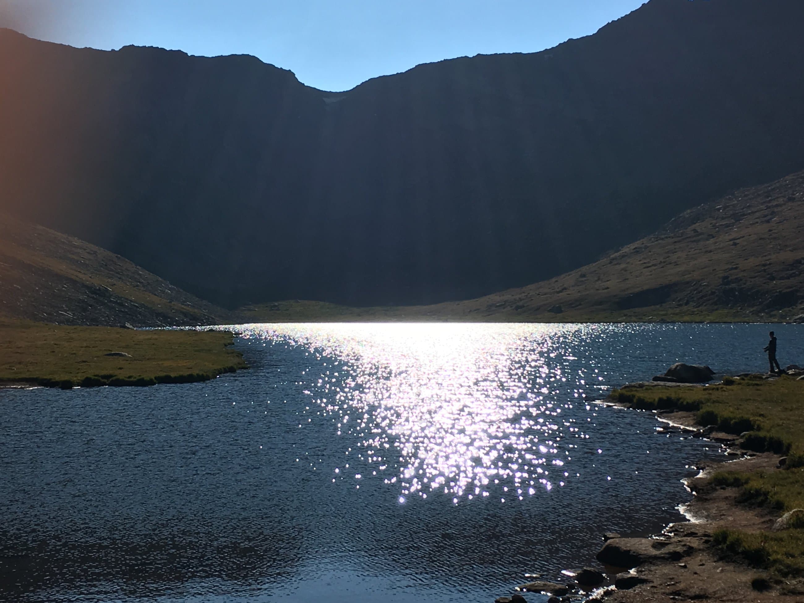 Alpine lake with sun sparkle